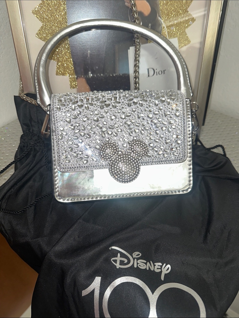 Disney 100 Aldo Silver Crystal-Studded Mini Top-Handle Bag